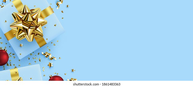 vector illustration. Festive greeting card with New Year and Merry Christmas, banner with gifts, balloons and confetti.