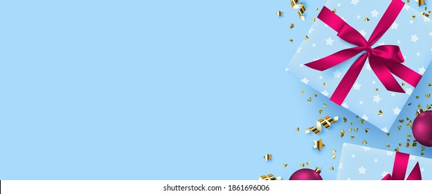 vector illustration. Festive greeting card with New Year and Merry Christmas, banner with gifts, balloons and confetti.