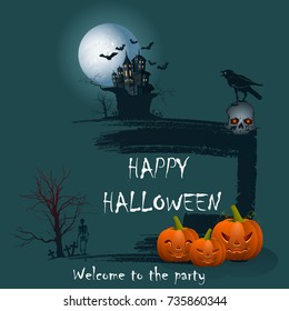 Vector illustration. Festive greeting card on a green background with a pumpkin, skull and a thief