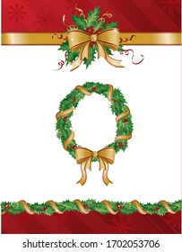 A vector illustration of a festive holiday frame with garland, holly, gold ribbon and red wrapping paper, and a Christmas wreath.
