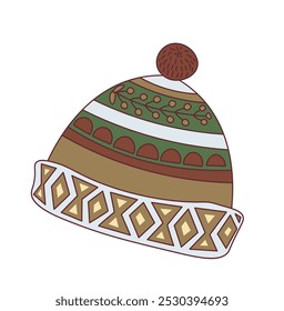 Vector illustration of a festive holiday hat with red and green patterns, isolated on a white background. Ideal for seasonal decor, apparel, and Christmas projects.