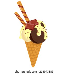 Vector illustration Festive ice-cream with chocolate. Flat style