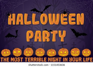 Vector illustration of a festive invitation banner. The inscription "Halloween party" on a purple background with glowing pumpkins, cobwebs, spiders, graves, trees and bats.