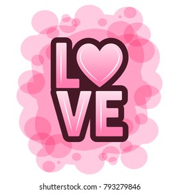 Vector illustration of festive love lettering with heart on abstract pink background. Valentine's Day.