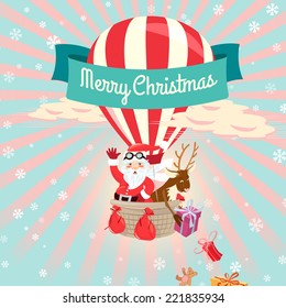 Vector illustration Festive Merry Christmas greeting card with Santa Claus and his deer flying on air balloon giving presents and toys. Flat style