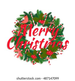 Vector illustration Festive Merry Christmas tree Happy New Year wreath garland with candy, berries, bullfinch bird, lettering, white background. Flat style.