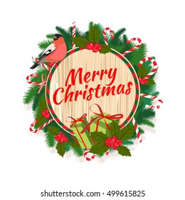 Vector illustration Festive Merry Christmas tree wreath garland with candy, berries, bullfinch bird, lettering, wooden texture background. Flat style.