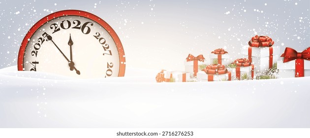 Ilustración vectorial de un reloj de cuenta regresiva festivo del año Nuevo 2026 en un paisaje nevado con regalos y decoraciones de Navidad.