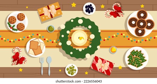 Vector illustration of festive New Years table top view. Delicious Christmas feast with cookies, toast, donuts by candlelight and Christmas wreath on cartoon style.