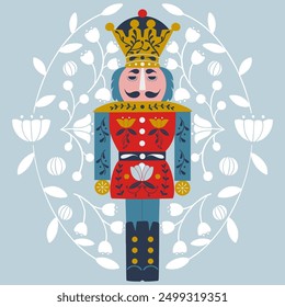 Vector illustration of a festive nutcracker figure surrounded by leaf and floral motifs 