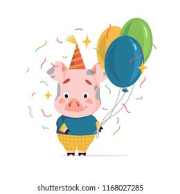 Vector illustration with a festive pig and with inflatable balls. Excellent for the design of postcards, posters, stickers and so on.