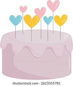 Vector illustration of a festive pink cake with dripping cream and decorated with hearts. Isolated on transparent background.