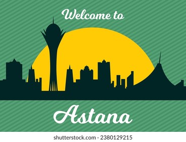 Vector illustration. Festive postcard for the Day of the City of Astana, Republic of Kazakhstan, silhouettes of sights