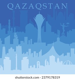 Vector illustration. Festive postcard for the Independence Day of the Republic of Kazakhstan, Silhouettes of cities, symbols