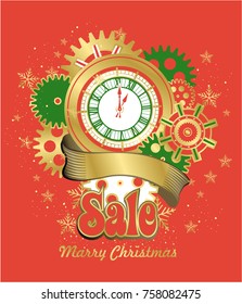 Vector illustration of a festive poster with a happy christmas and new year dial of a vintage clock concept time