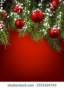 Ilustração vetorial de baubles de Natal vermelhos festivos e ramos de pinheiro decorados com neve, situado contra um fundo vermelho arrojado.