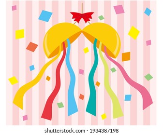 Ilustración vectorial de la cinta festiva y el confett. Kusudama. 