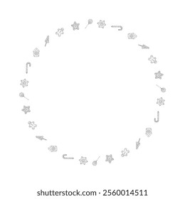 Vector illustration of a festive round frame made up of sweet elements including stars, lollipops, gingerbread men, candy canes and Christmas trees. Perfect for holiday decorations, invitations, cards