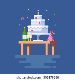 Vector illustration of festive table. Clipart of torte with a candle, funny striped cap with ribbons, a bottle of champagne with two wine glasses. Trend modern flat pseudo volume style. Celebration