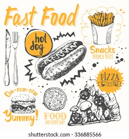 Vector illustration of festive traditional American products. Funny labels of street food: pizza, snacks, sandwiches and hot dog.