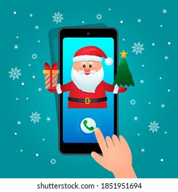 Vector illustration for festive website design or Christmas greeting cards Call and a gift from Santa Claus on the phone screen. The hand of a man calls Santa