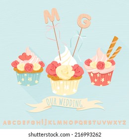 Vector illustration Festive wedding cakes with decorative wooden letters. Flat style