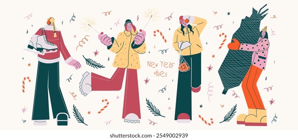 Vector Illustration of Festive Women in Retro Style A Woman Holding Ice Skates, with Sparklers, One Carrying a Net of Tangerines, and Another Hugging a Christmas Tree; Minimalist Holiday Design