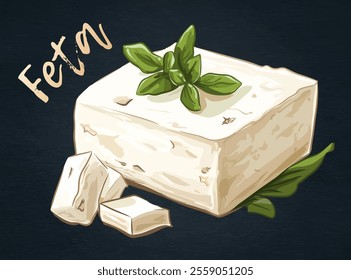 Vector illustration of feta cheese, a staple in Mediterranean cuisine. For menus, food blogs, or product packaging cartoon icon. Rustic block of fresh, crumbly feta with a sprig of basil