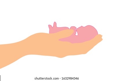 Vector illustration of fetus with hands protection symbol on white background. Sign of abortion and premature birth.