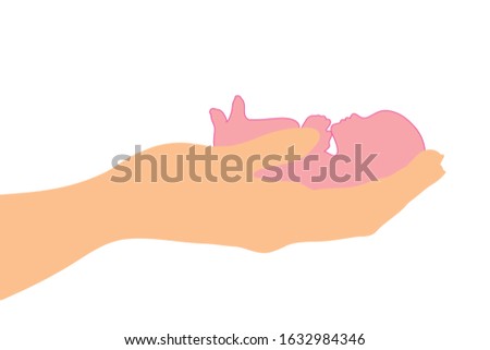 Vector illustration of fetus with hands protection symbol on white background. Sign of abortion and premature birth.
