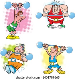 Vector illustration of a few diverse of the barbell athletes, made isolated in a humorous, cartoon style.