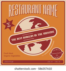 Imagen vectorial del afiche ficticio para el restaurante en Marte. Imagen con planeta estilizado como una hamburguesa.