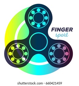 Vector illustration of fidget spinner with colorful trace of rotation. Creative concept of toy for improvement of attention span with text on white background. Flat style design of stylish handspinner