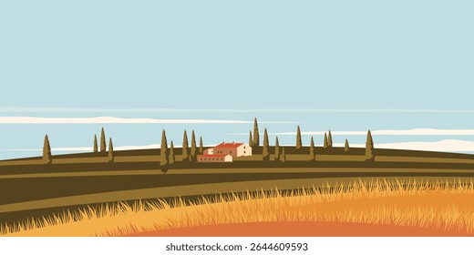 Vector illustration. Field, farm, autumn harvest, banner, background, cover. Modern design.