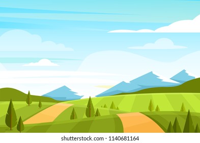 Vector illustration of field landscape with hills, valley, forest, trees, dales and mountains on the horizon. Summer green rural landscape with beautiful view.