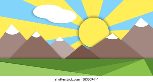 Vector illustration with field, mountains and sun. Summer sunny day. Landscape.