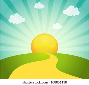 Vector illustration of field and sunrise sky