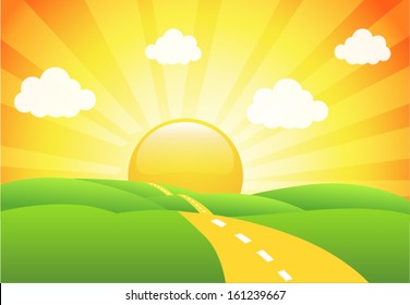 Vector illustration of field and sunrise sky