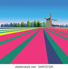 Vector illustration field of tulips, mill