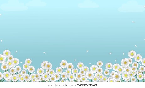 Vector illustration of a field of white daisies with a clear blue sky background, perfect for creating a peaceful and refreshing atmosphere in designs such as wallpapers, invitations, and greet cards.