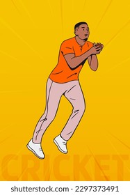 Vector illustration of Fielder taking a catch, cricket sports, IPL Cricket.