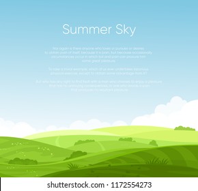 Imagen vectorial de los campos paisaje con bello amanecer, colinas verdes, cielo azul brillante con lugar para tu texto, fondo en estilo de caricatura plana.