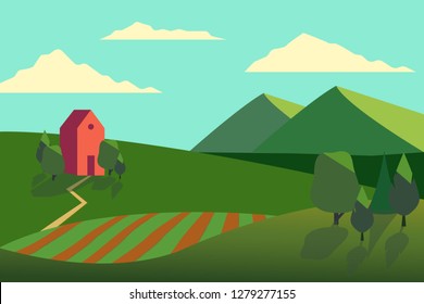 Vector illustration of  fields landscape with a  green hills,  blue sky, farmhouse and forest in flat  style. 