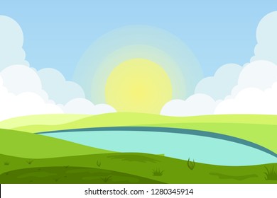 Vector illustration of fields landscape with a green hills, blue sky, lake in flat style. Rural landscape. Vector illustration.