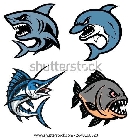 Vector illustration of fierce and angry fish , consisting of sharks, marlin, dolphins and piranhas 
