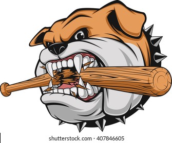 Vector illustration, a fierce bulldog breaks a baseball bat