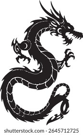 Vector illustration of a fierce dragon in tribal tattoo style, full body design with flames and horns, thick black lines and curved shapes,