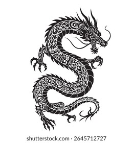 Ilustração vetorial de um dragão feroz em estilo de tatuagem tribal, design de corpo inteiro com chamas e chifres, linhas negras grossas e formas curvas,