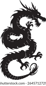 Vector illustration of a fierce dragon in tribal tattoo style, full body design with flames and horns, thick black lines and curved shapes,