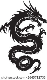 Vector illustration of a fierce dragon in tribal tattoo style, full body design with flames and horns, thick black lines and curved shapes,